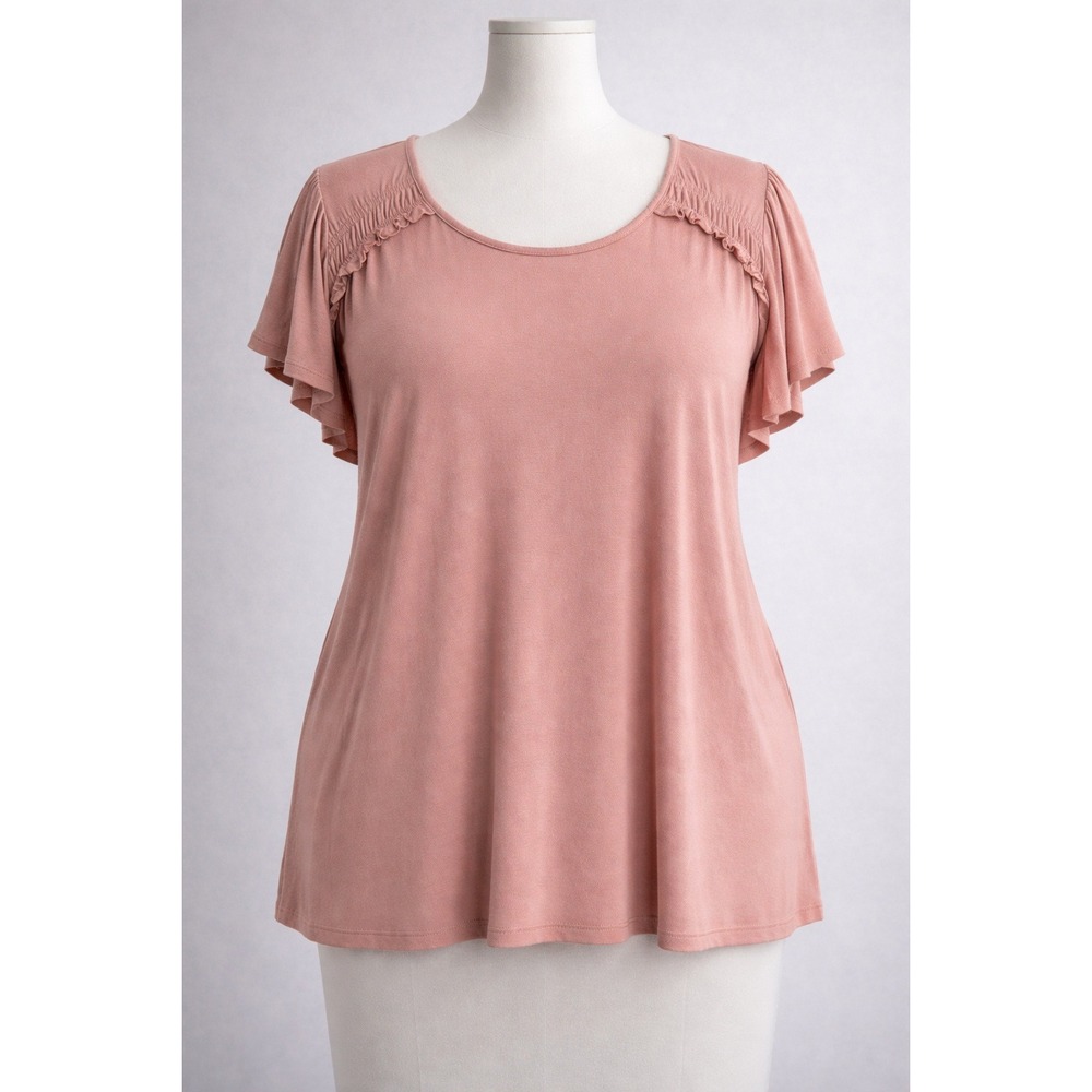 Dressbarn Blouse Womens 3X Dusty Rose Ruffle Shoulder Scoop Neck Short‎ Sleeve